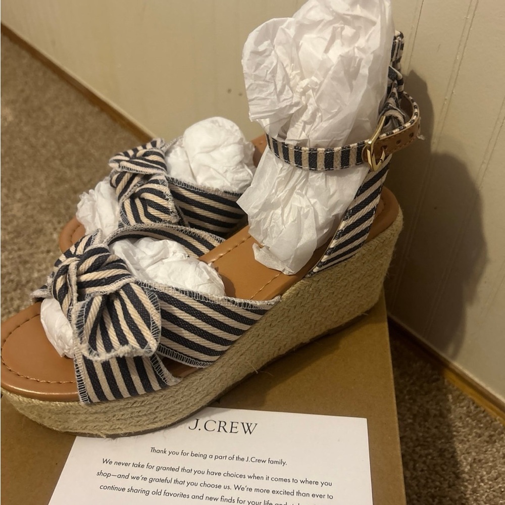 J. Crew Blue and White Espadrille Wedges with Open-Toe Design